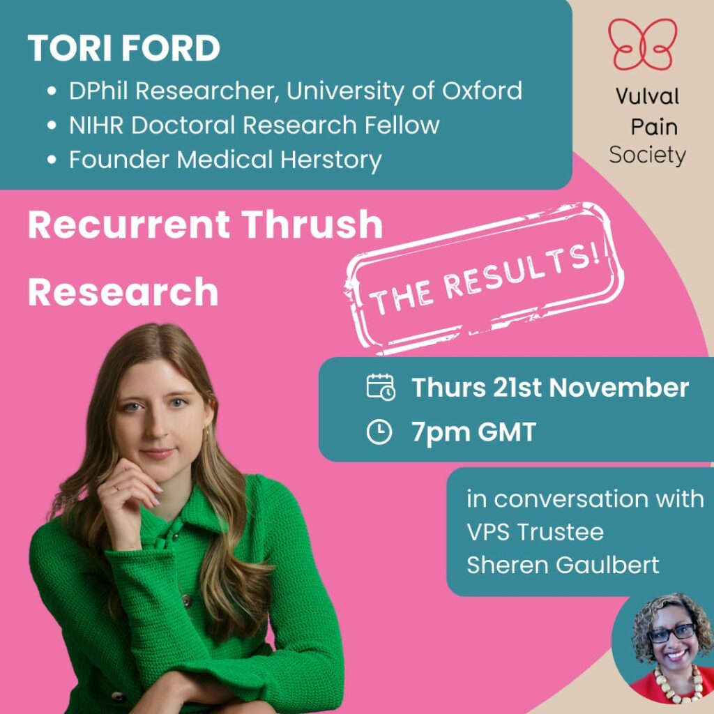 Flyer for Recurrent Thrush Research results VPS livestream with Tori Ford